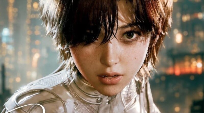 Close-up of a young person with dark hair wearing a reflective metallic suit, against a blurred cityscape.