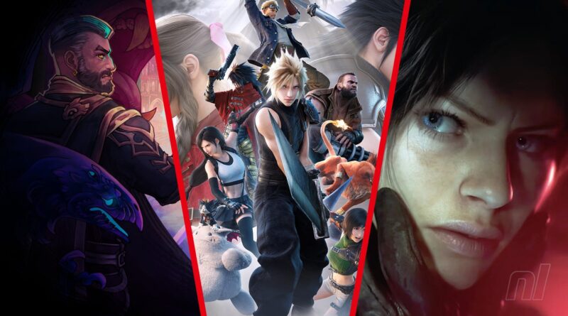 Collage of various action game characters in the center with a close-up woman’s face on the right; red panels separate the scenes.