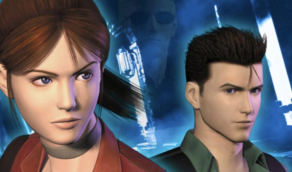 Two anime-style protagonists, a woman with brown hair in a red jacket on the left and a man with dark hair in a green shirt on the right, against a blue neon background.