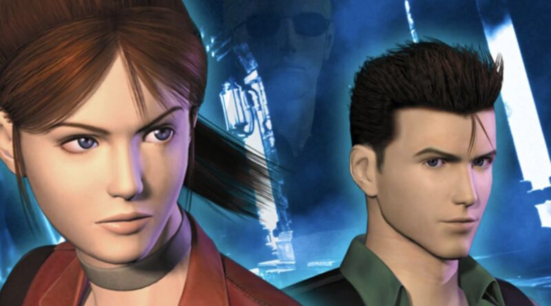 Two anime-style protagonists, a woman with brown hair in a red jacket on the left and a man with dark hair in a green shirt on the right, against a blue neon background.