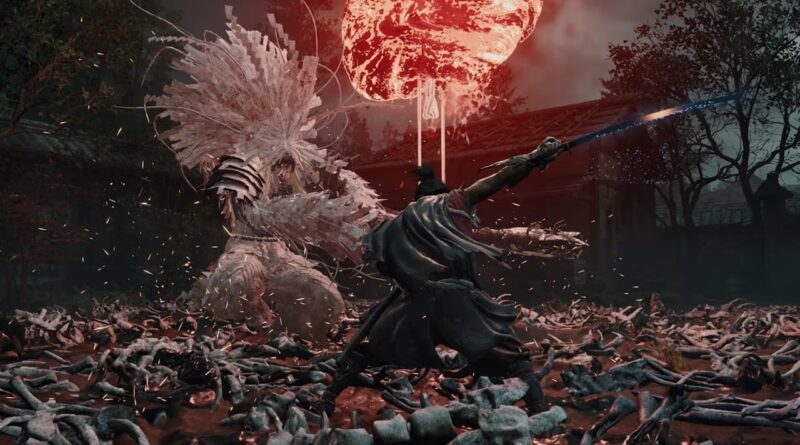 Samurai-like warrior lunges with a glowing sword at a towering white skeletal monster in a dark, blood-red battlefield crowded with lifeless bodies.