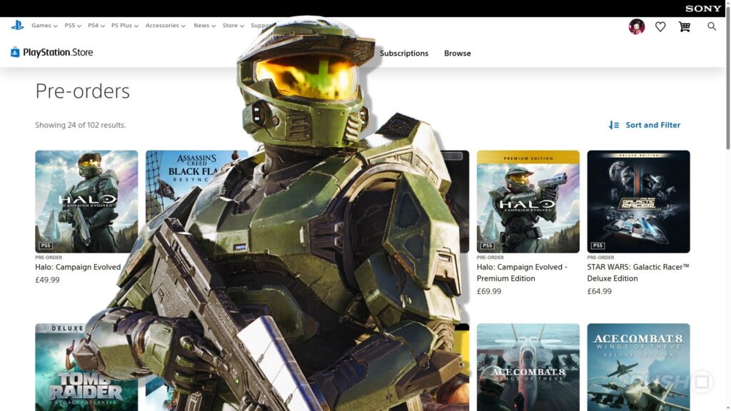 Hero image of a Halo armored Spartan towering over a PlayStation Store pre-orders page