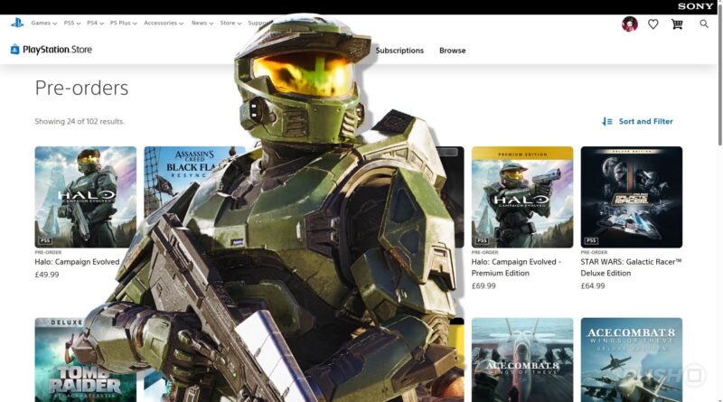 Hero image of a Halo armored Spartan towering over a PlayStation Store pre-orders page