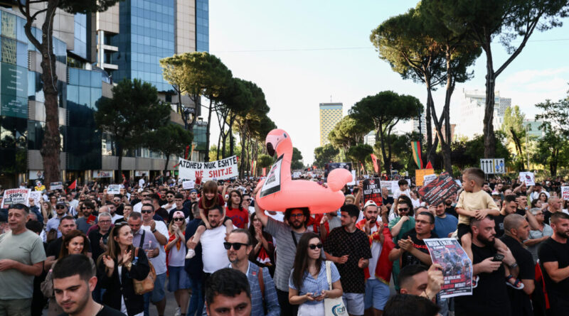 Large crowd marching in a city street with protest signs; a pink flamingo float is held above the heads of protesters.