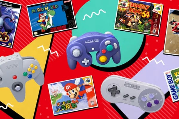 Colorful collage of classic Nintendo game controllers and cartridge covers (Mario, Donkey Kong 64) on a bold geometric background.