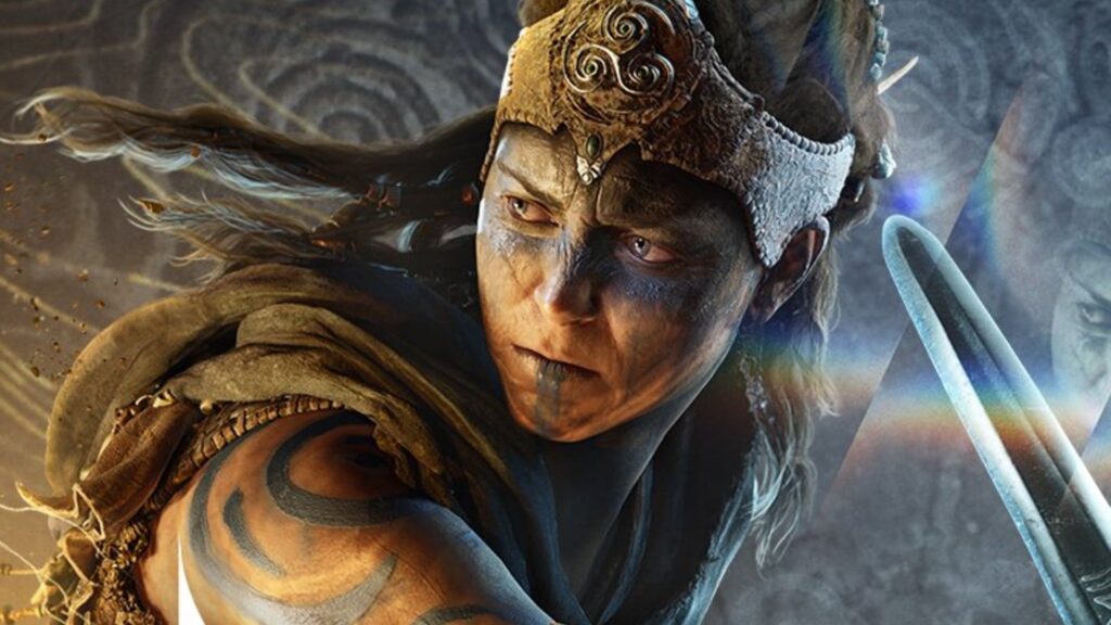 Intense close-up of a battle-ready warrior wearing an ornate gold helmet with face paint and a blue-glowing blade nearby