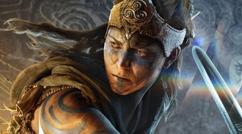 Intense close-up of a battle-ready warrior wearing an ornate gold helmet with face paint and a blue-glowing blade nearby