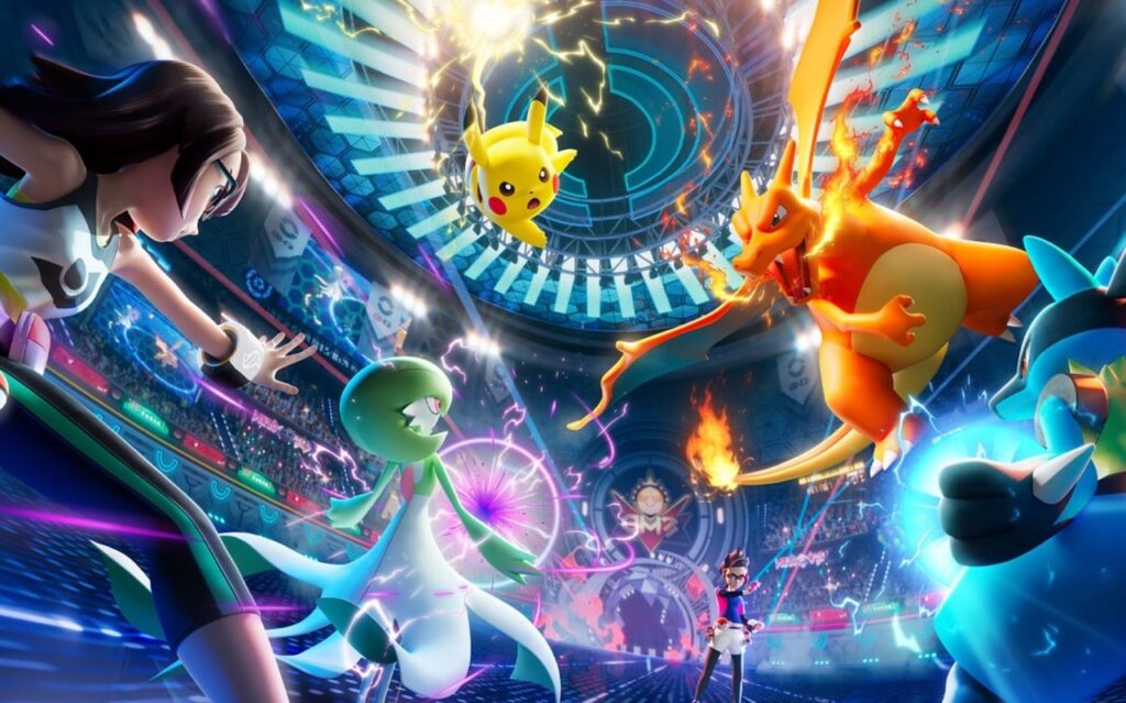 Pikachu faces off with Charizard in a neon-lit stadium as other Pokémon and a cheering crowd watch the high-energy battle.