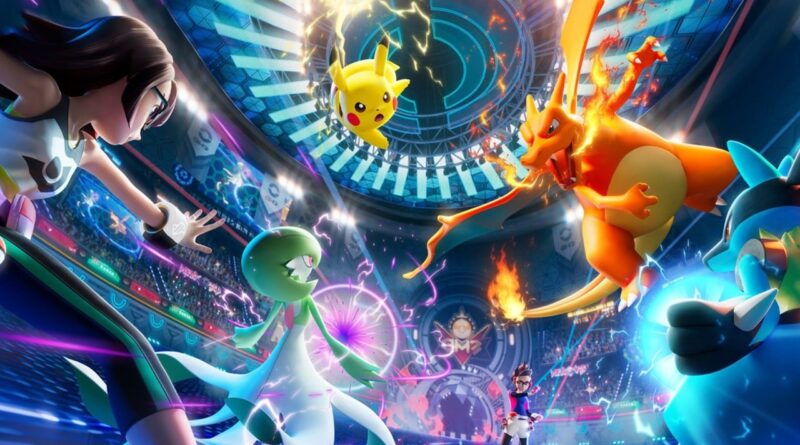 Pikachu faces off with Charizard in a neon-lit stadium as other Pokémon and a cheering crowd watch the high-energy battle.