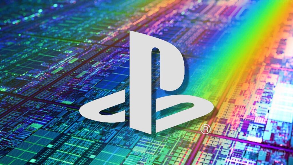 White PlayStation logo over a multicolored circuit board background, evoking gaming tech branding.
