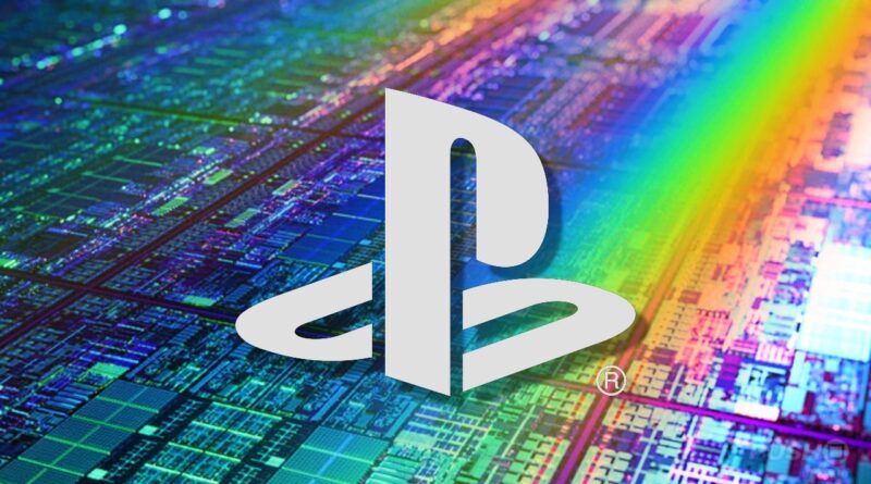 White PlayStation logo over a multicolored circuit board background, evoking gaming tech branding.
