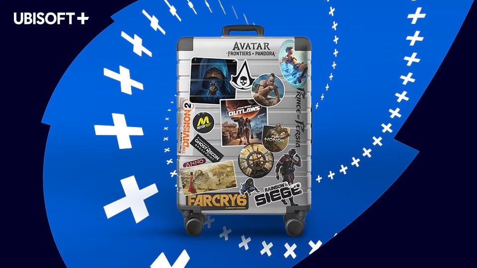 Silver rolling suitcase covered with Ubisoft game stickers, set against a bright blue background with white plus signs.