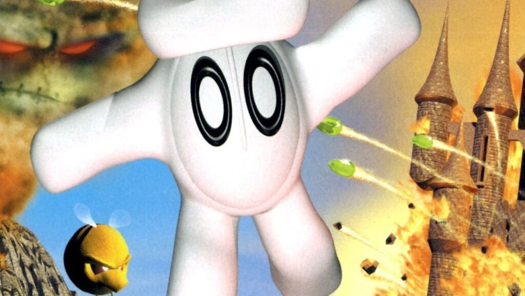 Cartoon ghost character with large eyes standing in front of a castle, surrounded by flying projectiles and fiery explosions.