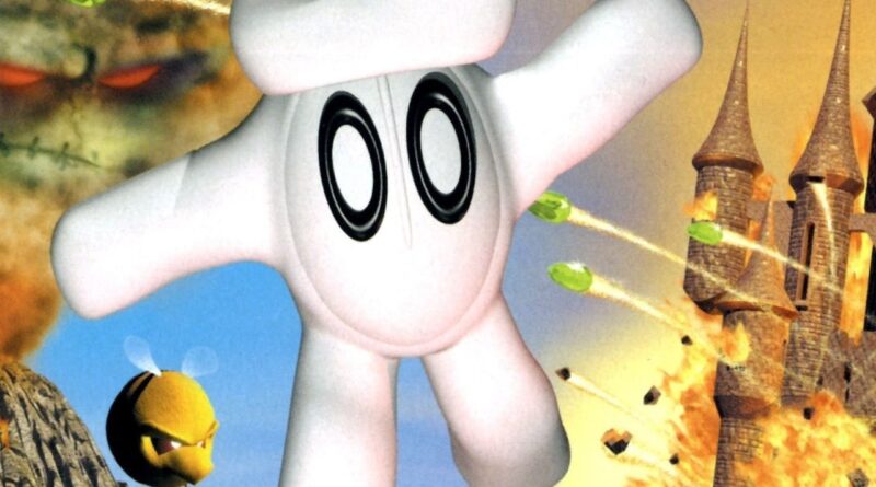 Cartoon ghost character with large eyes standing in front of a castle, surrounded by flying projectiles and fiery explosions.