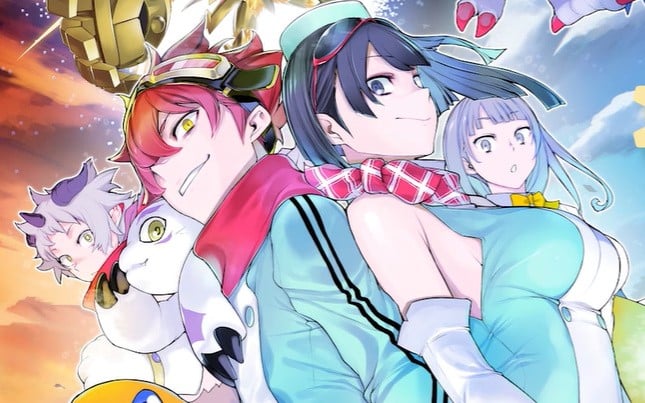 Dynamic anime-style group portrait of four friends in bright outfits posing together against a blue sky and sunset backdrop.