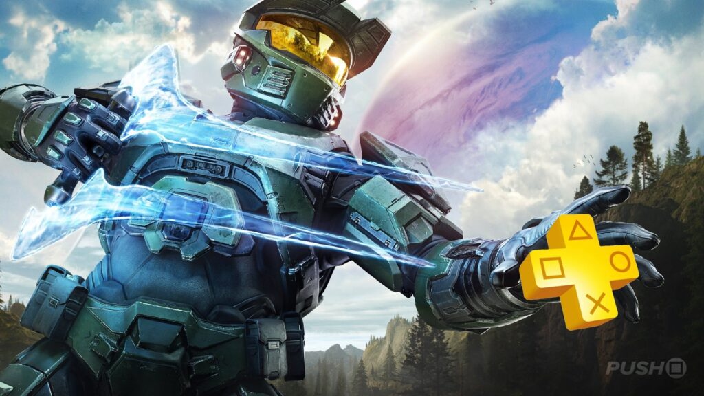 Futuristic green-armored soldier swings a glowing blue energy blade, with a yellow cross-shaped game icon in the foreground.