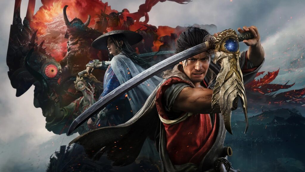 Epic fantasy battle: a man with a large ornate sword in the foreground, a woman in a wide-brimmed hat behind him, fighting demonic foes amid fiery skies.