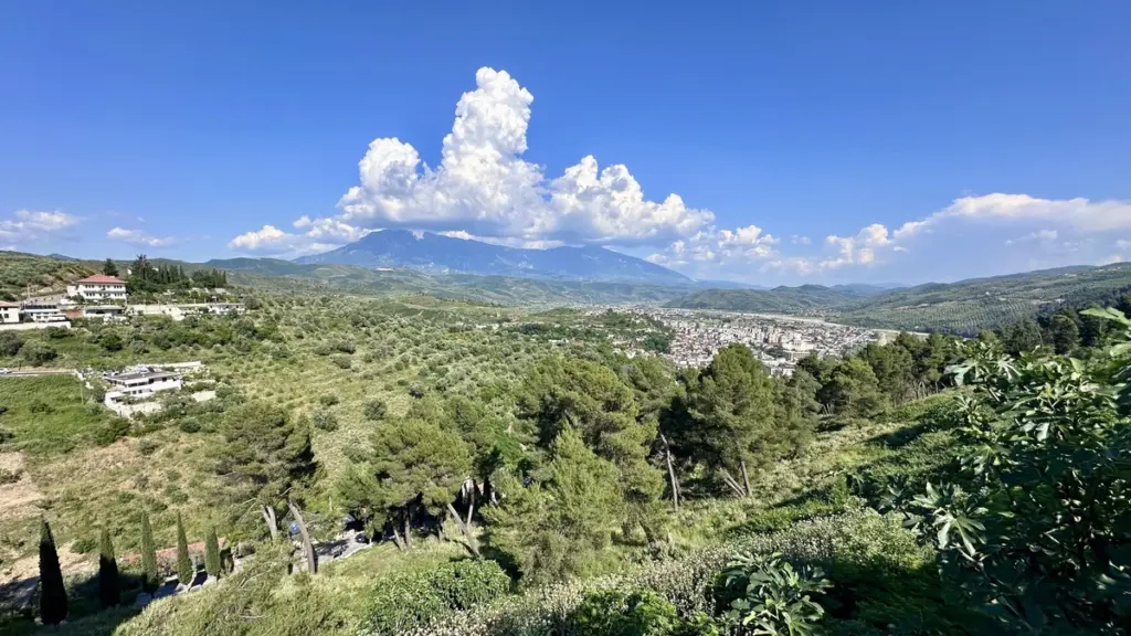 Panoramic valley view with trees, scattered houses, and a distant town set against mountains under a bright blue sky with clouds.