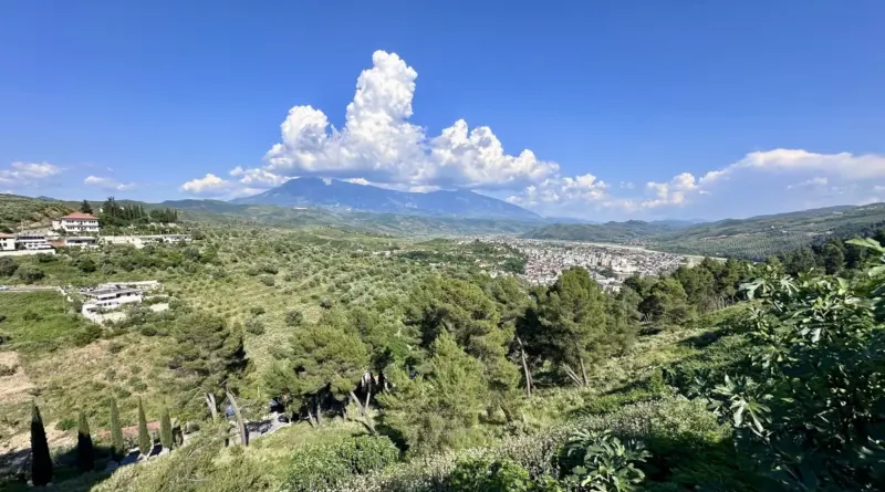 Panoramic valley view with trees, scattered houses, and a distant town set against mountains under a bright blue sky with clouds.