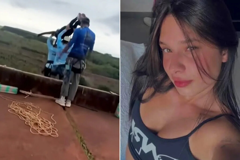 Two-panel collage: left shows people in harnesses preparing for a bungee jump on a bridge with ropes on the ground; right is a close-up portrait of a woman with dark hair wearing a tank top.