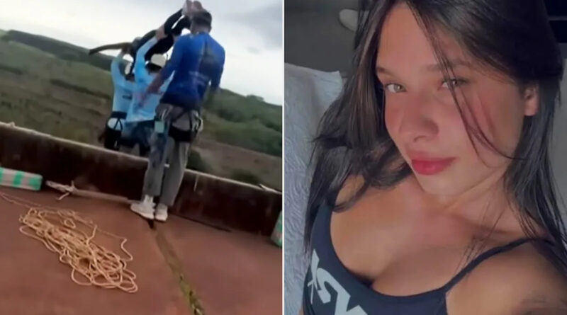 Two-panel collage: left shows people in harnesses preparing for a bungee jump on a bridge with ropes on the ground; right is a close-up portrait of a woman with dark hair wearing a tank top.