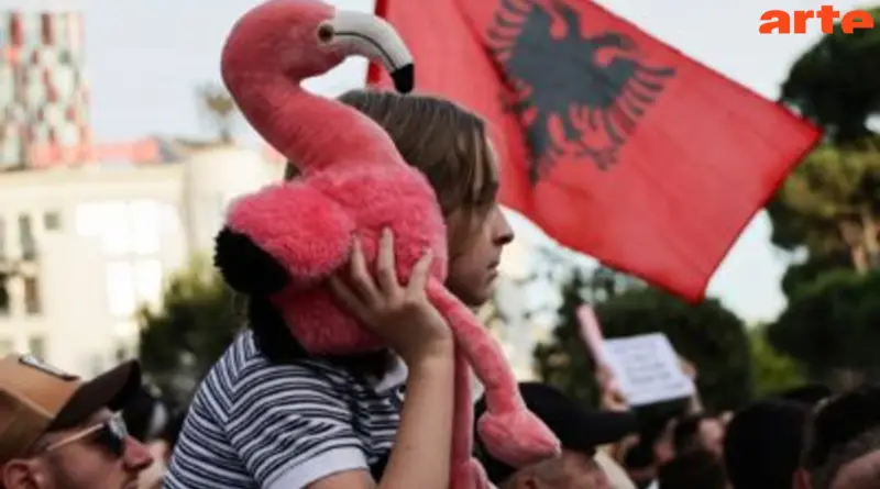 Person in striped shirt wearing a pink flamingo plush toy as a hat in a crowded protest or parade with an Albanian flag in the background (Arte logo visible).