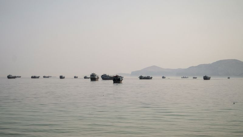 Calm sea with a line of small boats floating near the hazy horizon and distant hills.
