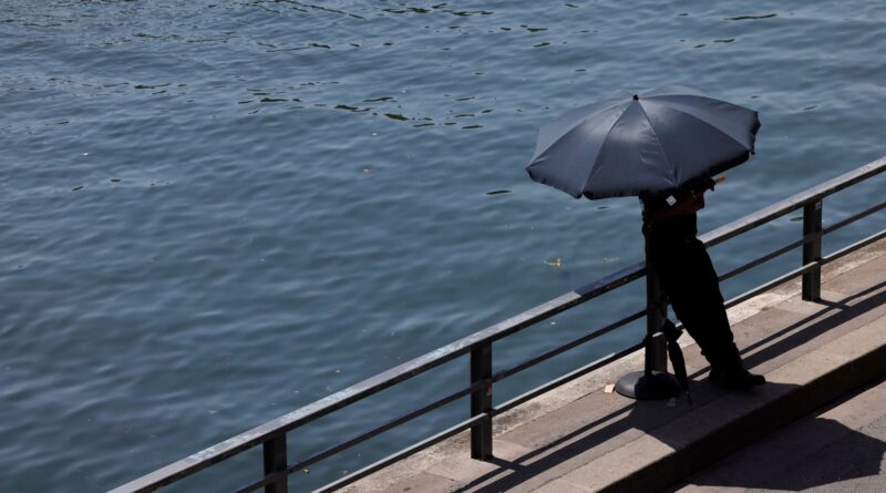 Person standing on a waterfront walkway holding a dark umbrella beside a metal railing over the water.