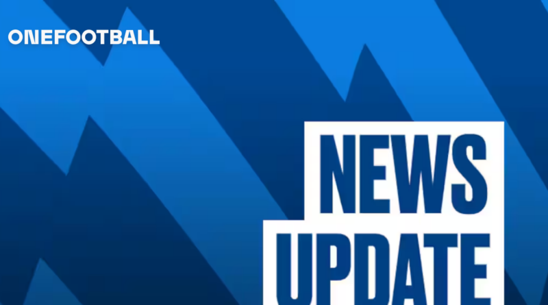 Blue abstract geometric background with the white OneFootball logo and a stacked 'NEWS UPDATE' panel.