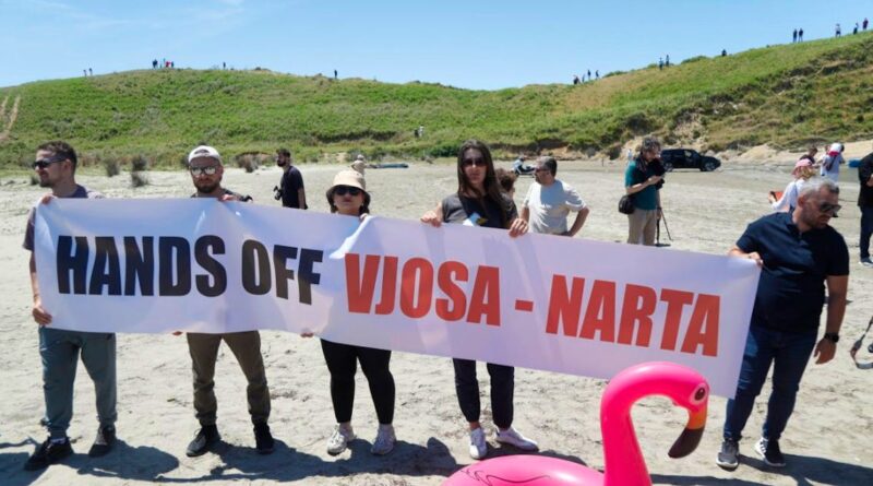 Group of people on a sandy beach holding a banner that reads 'HANDS OFF VJOSA - NARTA' with a pink flamingo inflatable nearby.