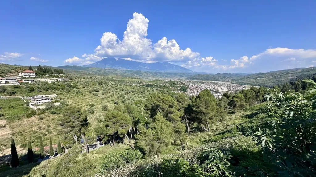 Wide landscape: hillside with trees and scattered houses, a town in the valley, and distant mountains under a blue sky with fluffy clouds.