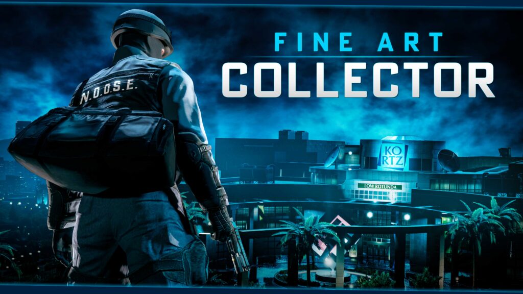 Armored figure on a rooftop overlooking a neon-blue city; large text reads 'FINE ART COLLECTOR'.