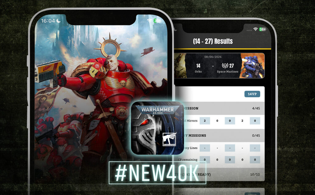 Promo collage for Warhammer 40K: red Space Marine figure, app UI panels, and #NEW40K badge.