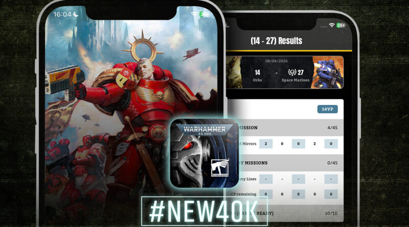 Promo collage for Warhammer 40K: red Space Marine figure, app UI panels, and #NEW40K badge.