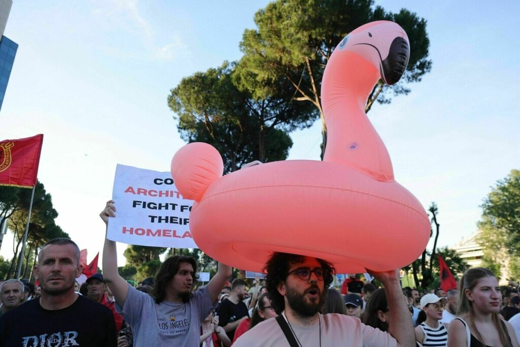 Protester wearing a giant pink flamingo inflatable on his head during an outdoor street demonstration with others and signs behind him.