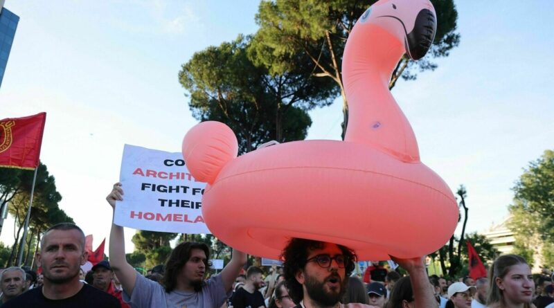 Protester wearing a giant pink flamingo inflatable on his head during an outdoor street demonstration with others and signs behind him.