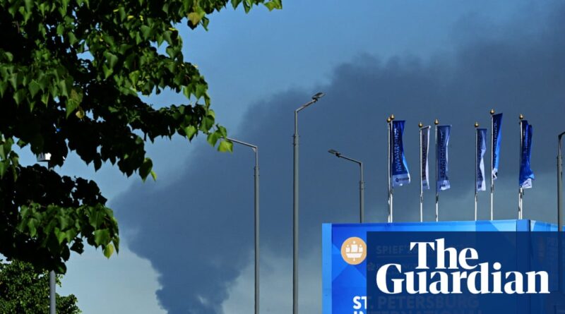 Blue The Guardian banner at an outdoor event, with tall flag poles and a leafy tree on the left against a blue sky and smoky clouds.