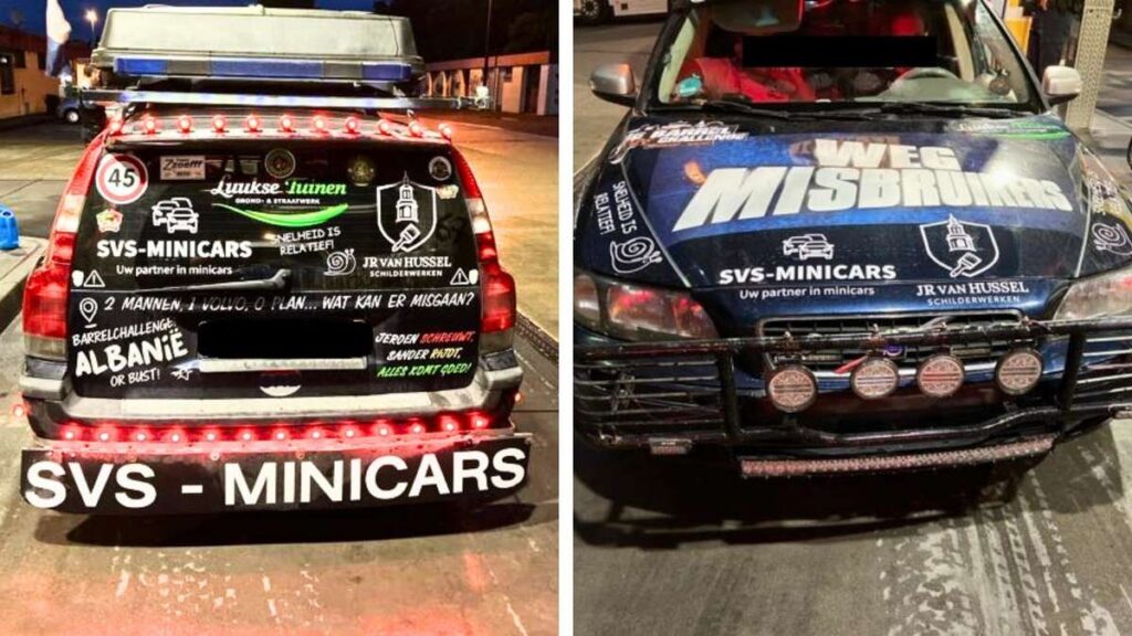 Back view of two heavily decorated minicar taxis with bold SVS-MINICARS branding and many stickers on the rear doors and bumper.
