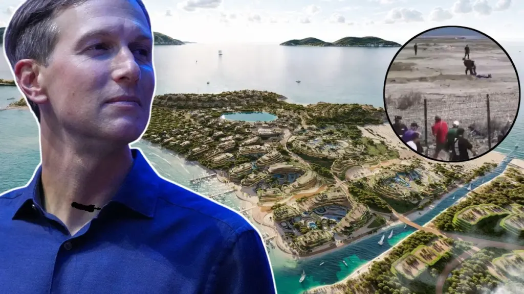 Man in a blue shirt superimposed over an aerial resort island with a circular inset of people on a beach nearby.