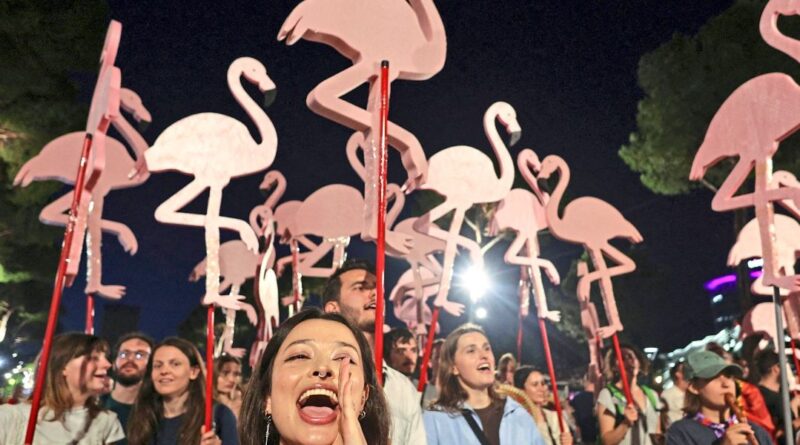 Crowd at night festival holding pink flamingo decorations on red poles, cheering.