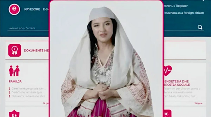 Portrait of a woman in traditional clothing and white headscarf, framed by a pink rounded overlay on a blue website background.