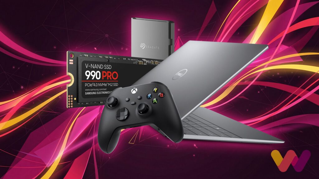 Dell laptop with an external Seagate SSD, a Samsung 990 Pro NVMe drive, and a black Xbox-style controller on a neon pink background.