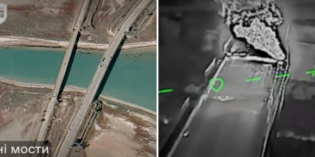Aerial view of a bridge crossing a turquoise river.