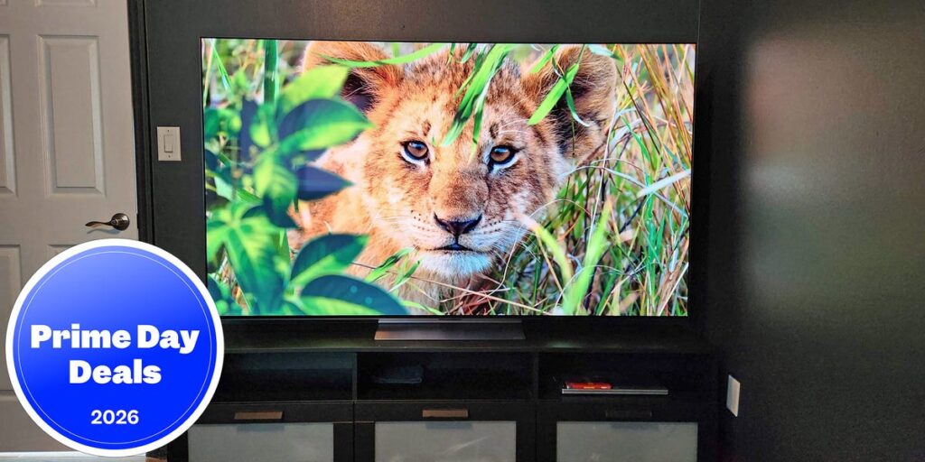 Flat-screen TV on a stand displaying a lion cub in tall grass; a blue Prime Day Deals 2026 badge overlaps the bottom-left corner.