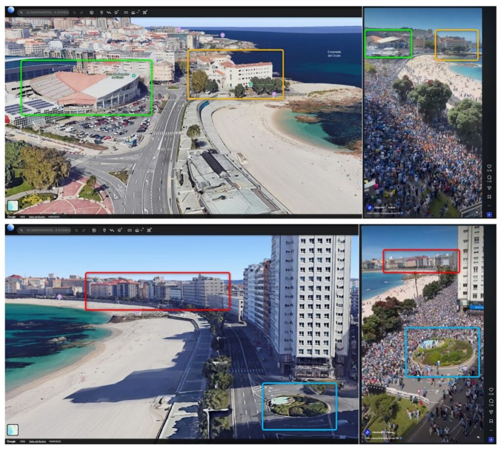 Aerial coastal city view with beaches and roads; colored boxes (green, yellow, orange, blue) highlight landmarks across two monitors/panels.