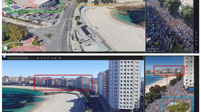 Aerial coastal city view with beaches and roads; colored boxes (green, yellow, orange, blue) highlight landmarks across two monitors/panels.