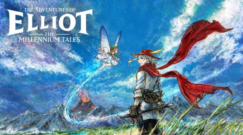 Book cover art: a male swordsman with a red scarf stands in a windy blue sky landscape, a tiny winged girl hovers nearby, with the title 'The Adventures of Elliot: The Millennium Tales' above.