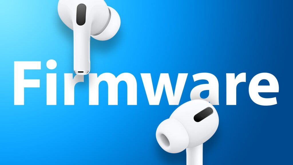 White wireless earbuds against a blue gradient with the word 'Firmware' in large white letters.