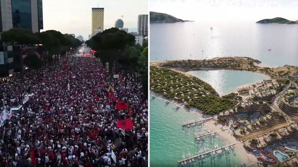 Large street protest with thousands of people carrying red flags along a city avenue; right side shows an aerial view of a turquoise coastal resort with pools and beaches.