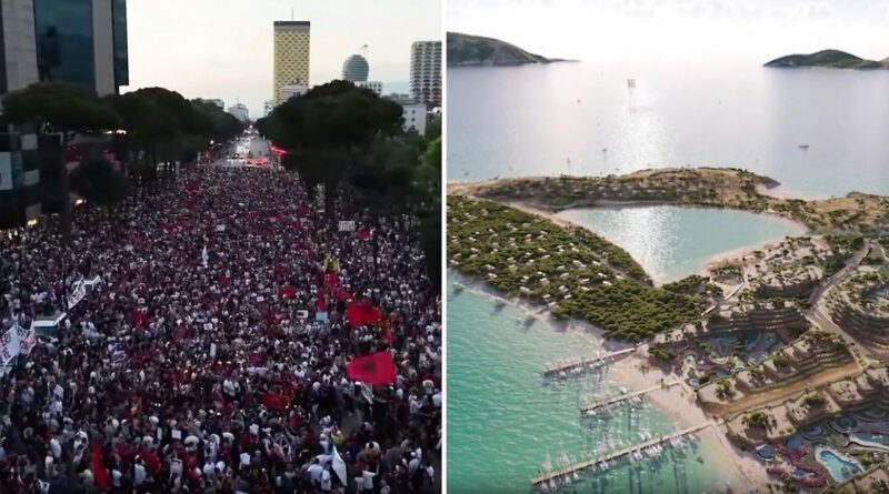 Large street protest with thousands of people carrying red flags along a city avenue; right side shows an aerial view of a turquoise coastal resort with pools and beaches.